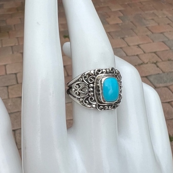 Arizona Sleeping Beauty Turquoise Scrolled Sterling Silver Split Band Ring Sz 8 - Picture 10 of 12